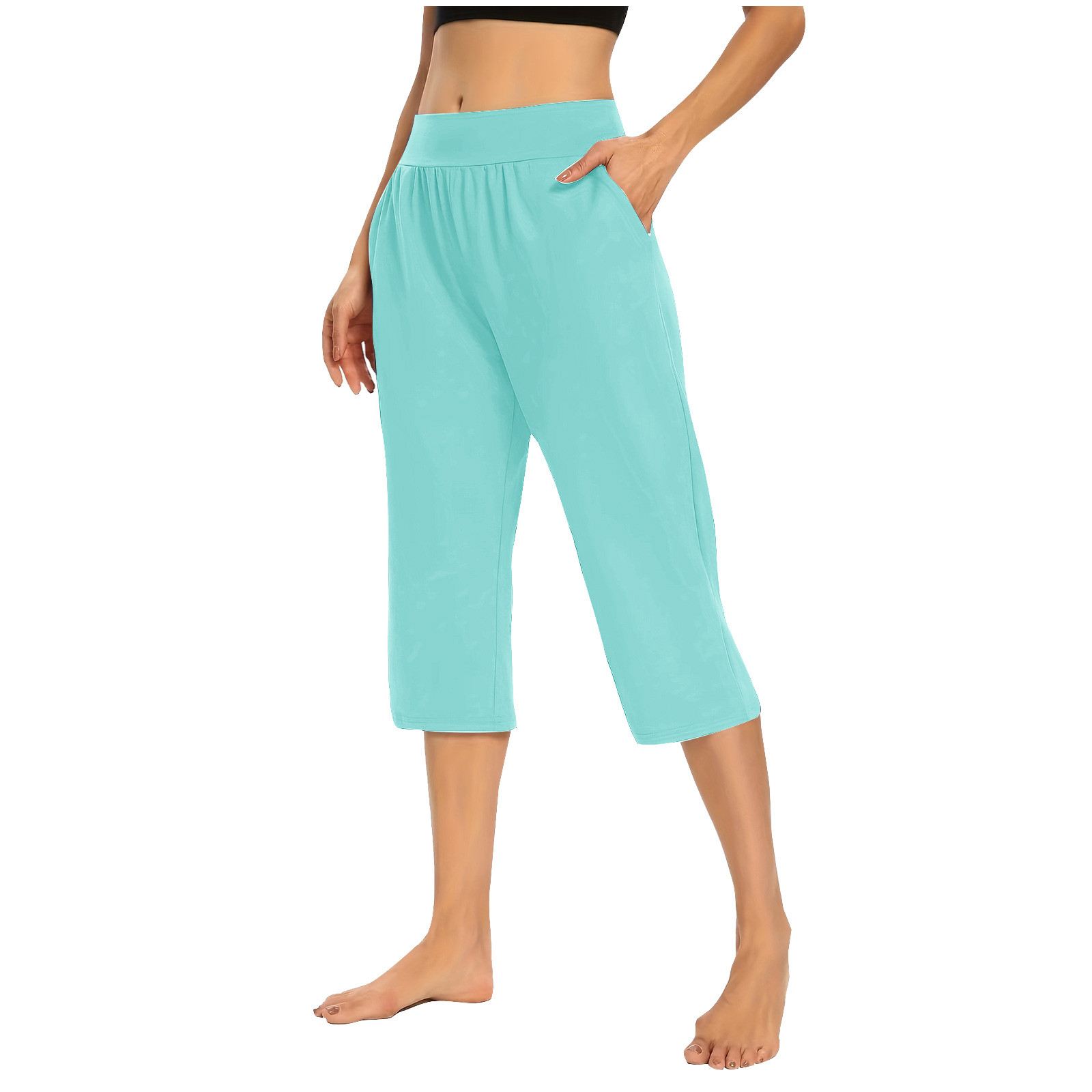 LAIVNEI Women Capris Capris Solid Elastic Waist Pocket Cropped Pants Casual Stretchy Stylish Pants for Spring Summer Women's Clothing Mint Green S